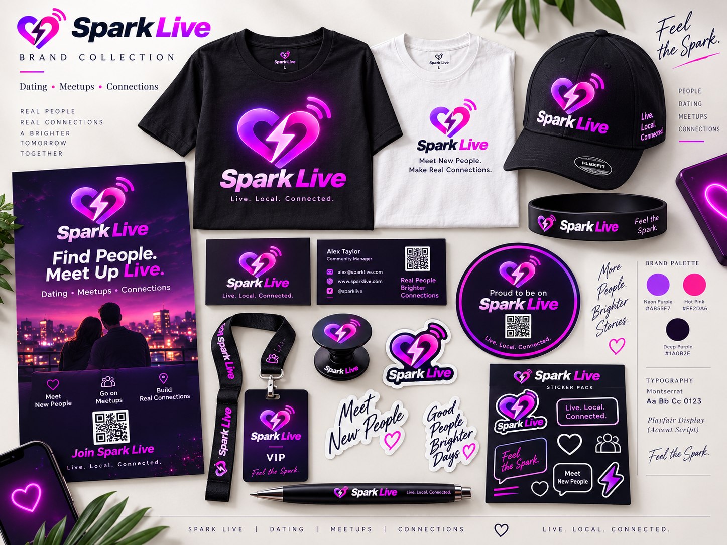 Spark Live dating brand collection across clothing, event materials, stationery and merchandise
