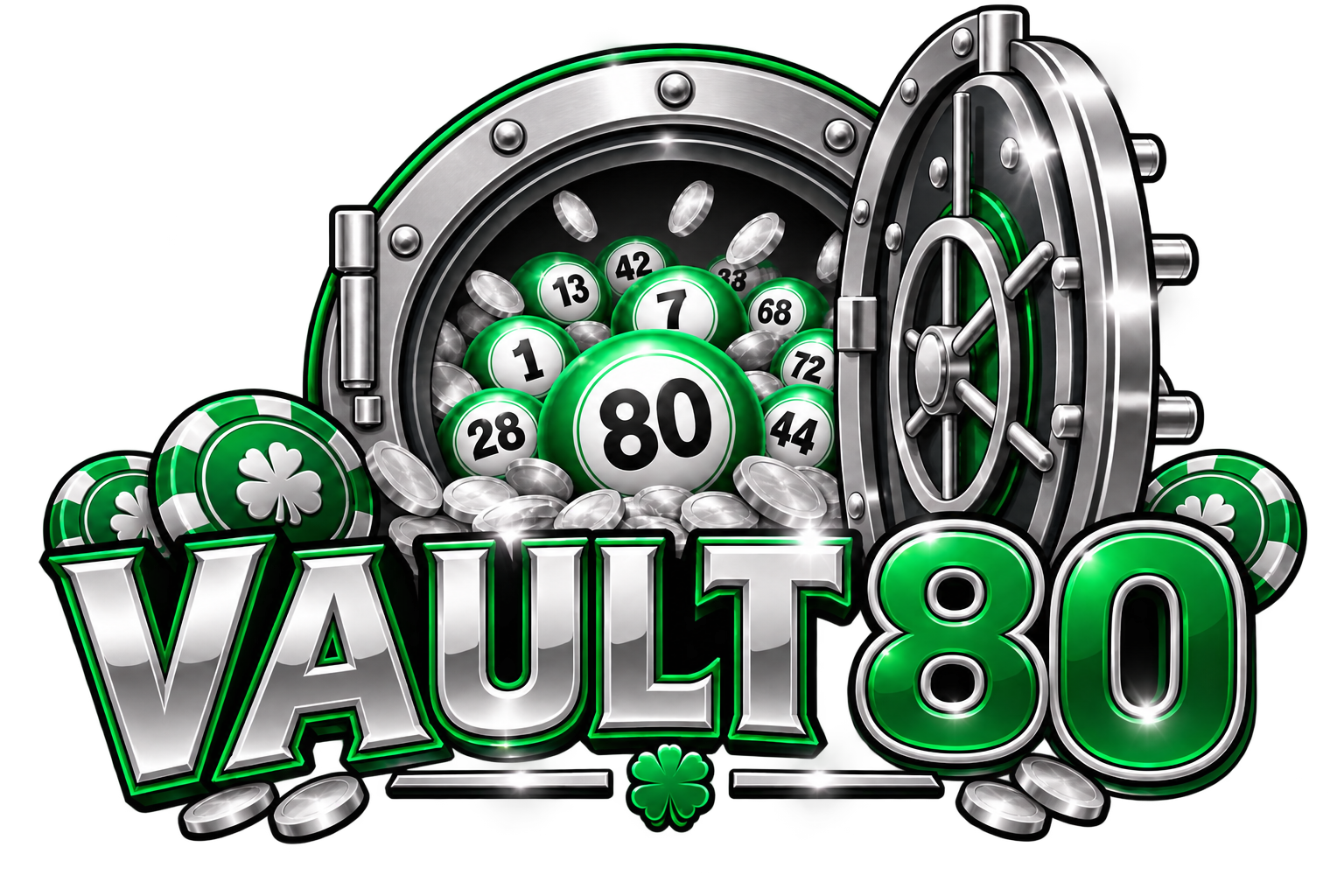 Vault 80 gaming logo with an open vault and numbered balls