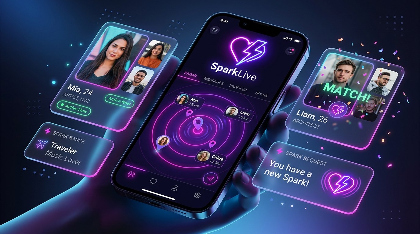 Spark Live dating platform interface shown across mobile screens